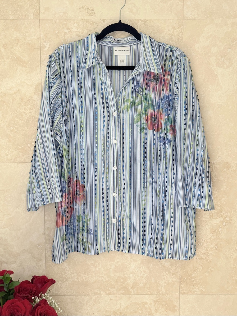 Alfred Dunner Striped Floral Button Front Blouse Top Women’s Large